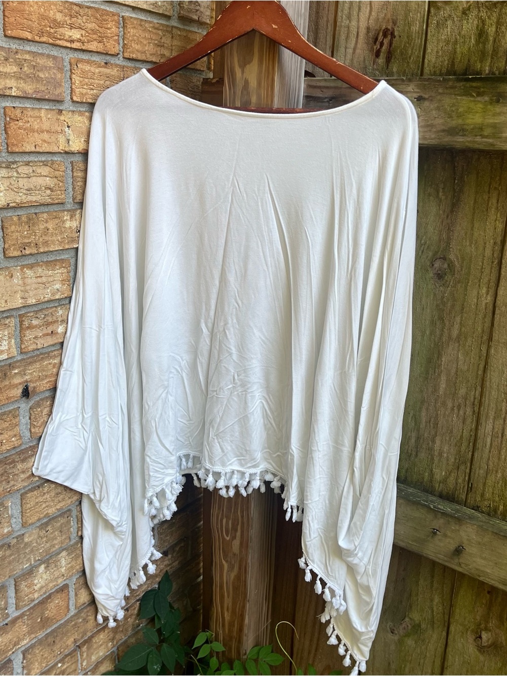 Three Bird Nest White Pom-Pom Hem Poncho Tunic